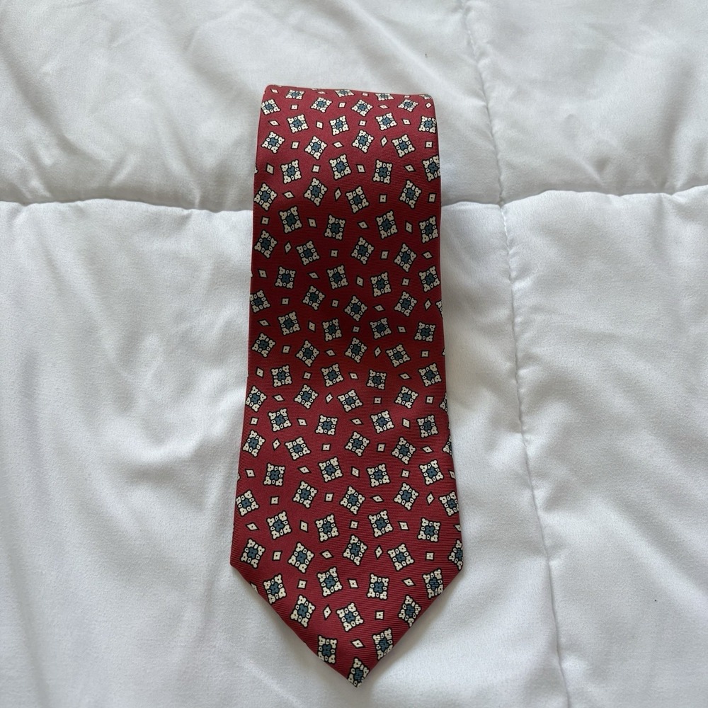 DAKS Mens 100% Silk Necktie Luxury Tie‎ Red Blue Geometric Designer Maximalist
